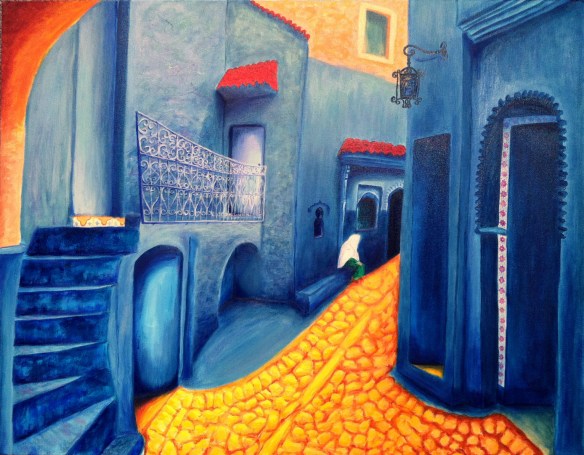 "Blue Morocco" $4,000 plus shipping 24"H x 30"W x 1.5"D Oils over acrylics on canvas. Has wire ready to hang.